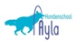 Hondenschool Ayla logo aqua hond met paarse hoop/naam